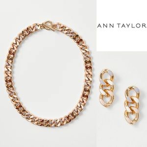ANN TAYLOR ENAMEL CHAIN DROP EARRINGS AND MATCHING NECKLACE SET LUMINESCENT PINK